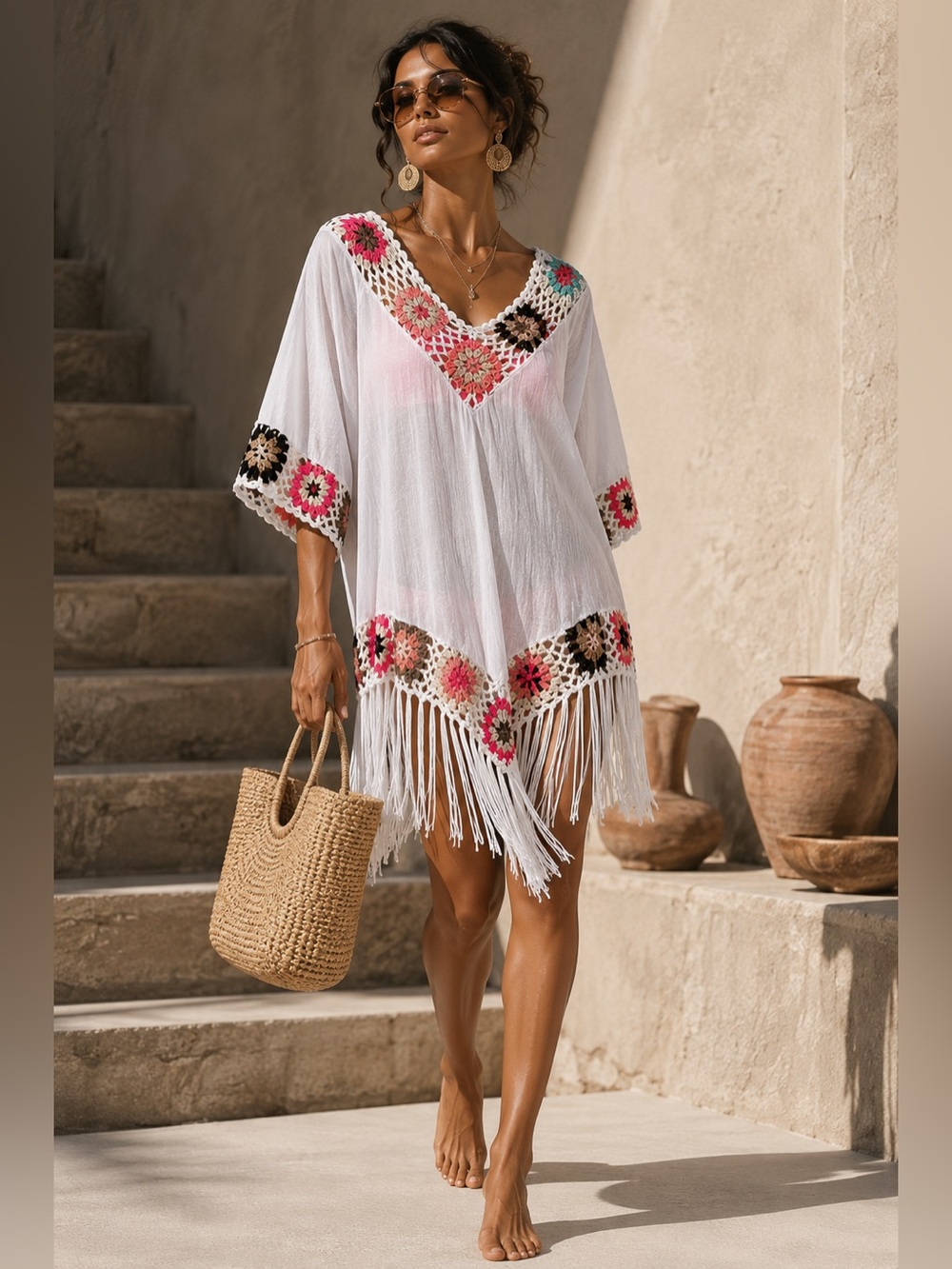 Boho Granny Square Crochet Fringe White Semi Sheer Cover Up Poncho O/S Resort